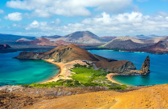 View from Bartolome Island View of two beaches on Bartolome Island in the Galapagos Islands in Ecuador
