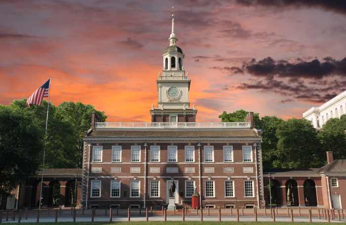 Independence Hall Philadelphia Sunset Independence Hall National Historic Park Philadelphia Pennsylvania with sunset sky.
