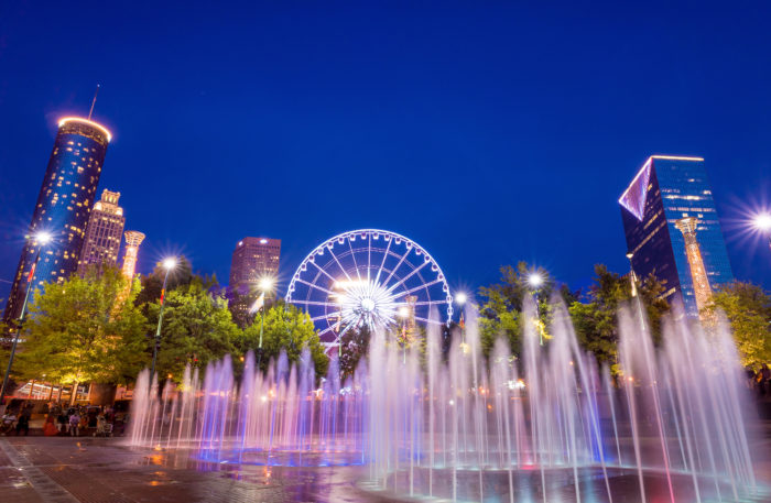 Centennial Olympic Park in Atlanta during blue hour after sunset Centennial Olympic Park in Atlanta during twilight hour after sunset